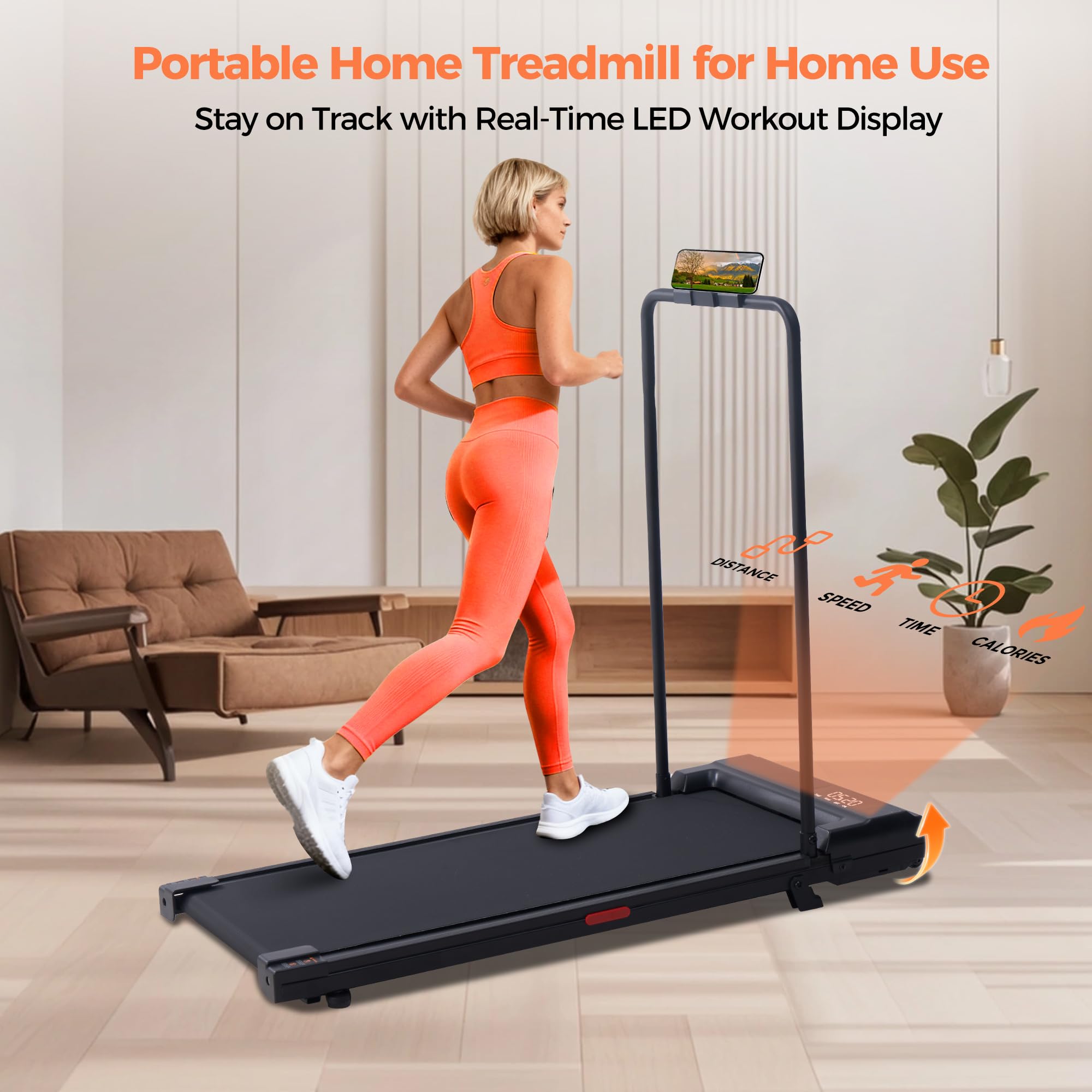 Black Portable Under Desk Walking Pad Treadmill with Handles 3.0HP 0.6-7.6MPH 350LB Capacity