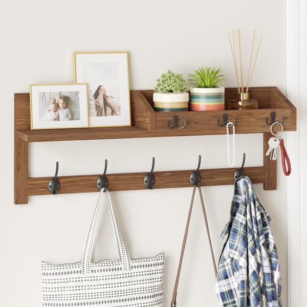 Wall Hooks with Shelf 26.57inch Entryway Coat Rack with 5 Dual Hooks and 3 Key Hooks