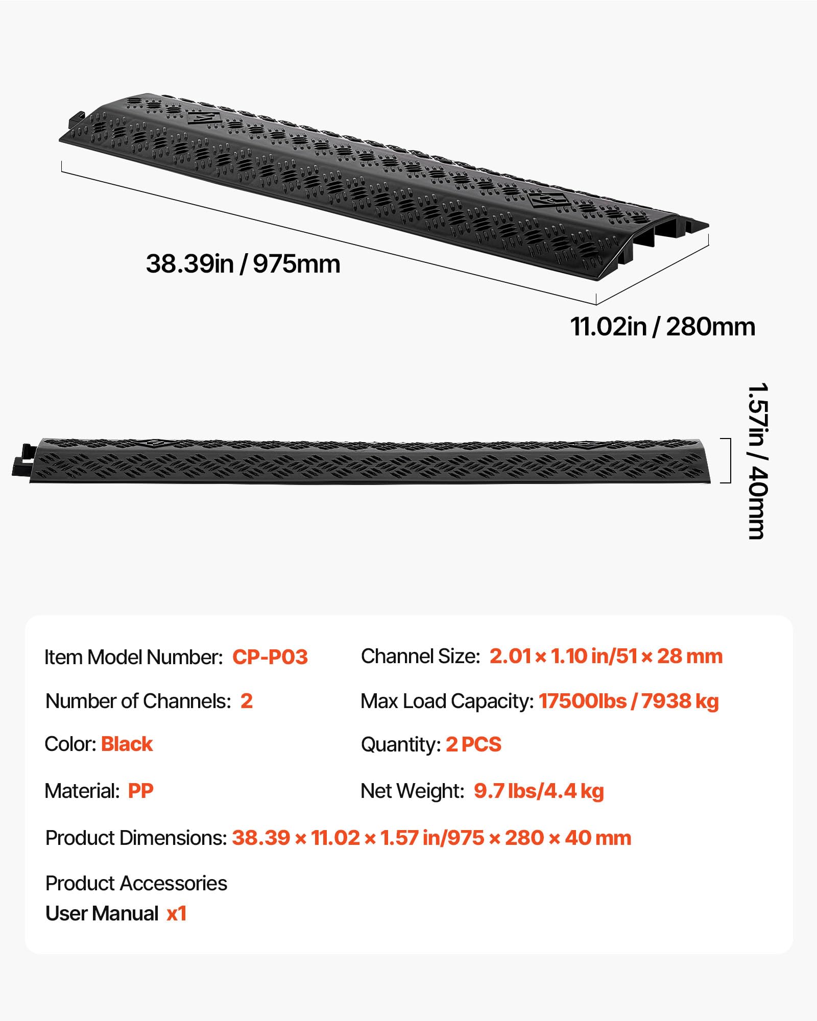 Black 2-Channel Cable Protector Ramp 38.3 Inches 17500 lbs Load Capacity