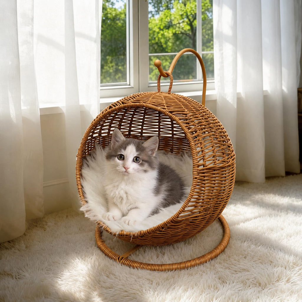 CIHTL Wicker Cat Bed Indoor & Outdoor, Handwoven PP Rattan Cat Swing Bed with Removable Washable Cushion, Breathable Waterproof Cat House for Cats & Small Dogs (Large–16.9" L × 25.98" H) Retail $89.00