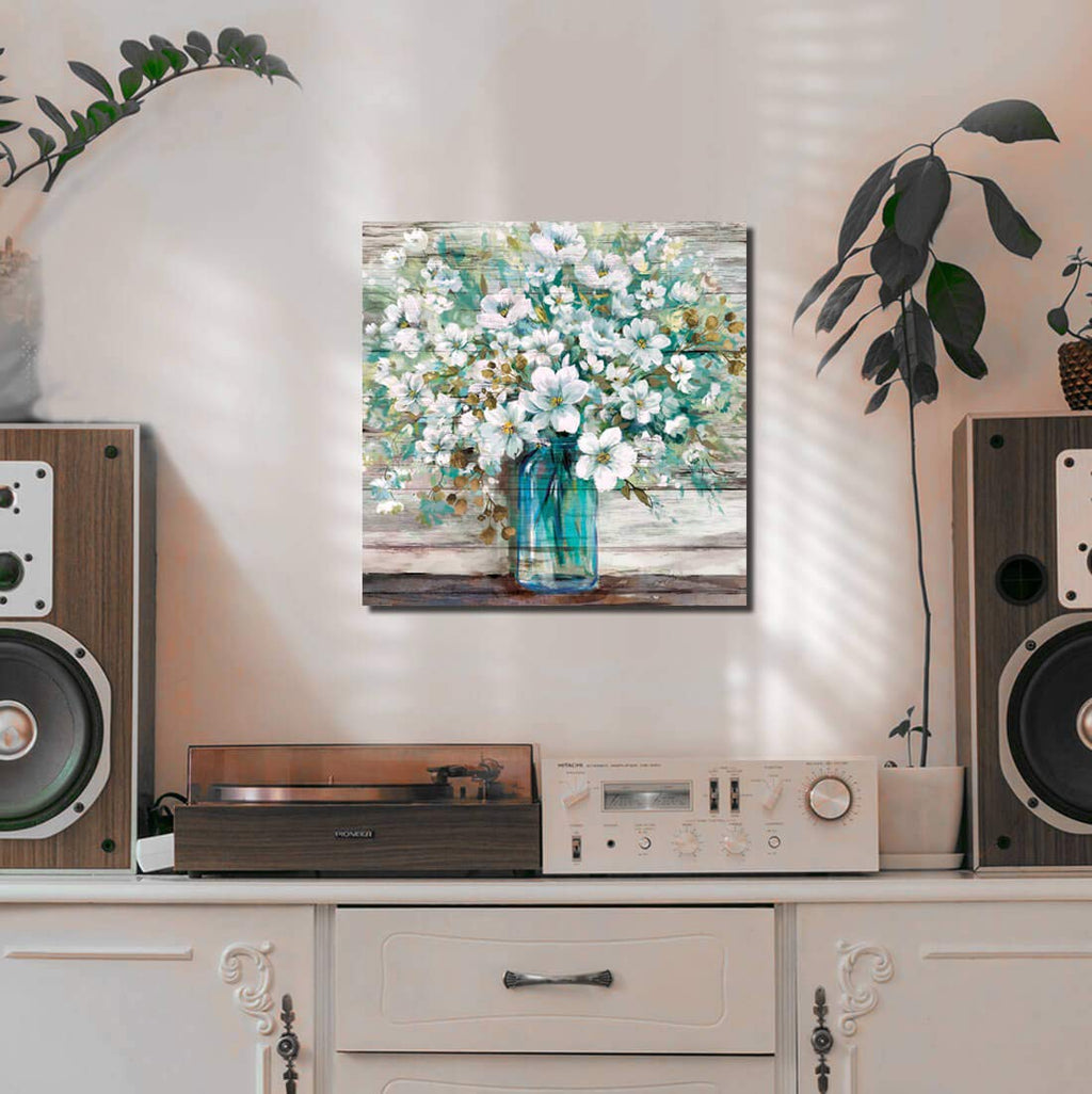 Country Style Canvas Wall Art Teal Blue Mason Bottle White Flower 20x20