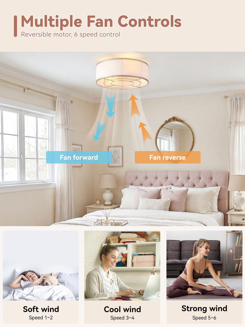 Gold Boho Low Profile Ceiling Fan with Light Flush Mount  Remote Control