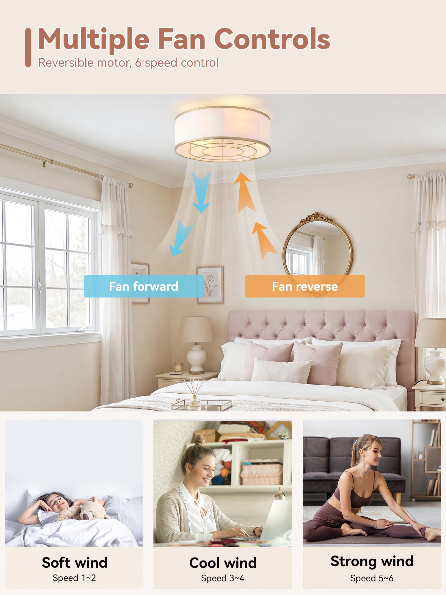 Gold Boho Low Profile Ceiling Fan with Light Flush Mount  Remote Control