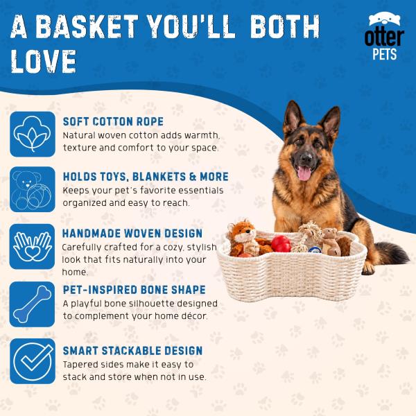 OtterPets Dog Toy Basket, Bone Shaped Cotton Rope Dog Toy Bin, Large 23x15"