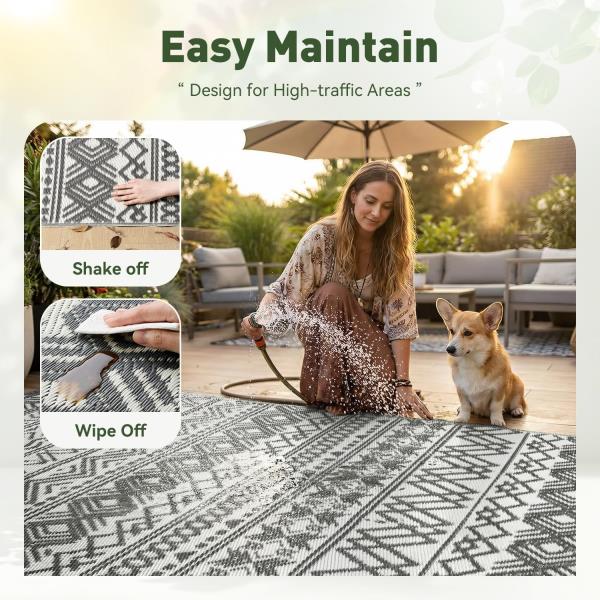 x8 Reversible Waterproof Plastic Straw Outdoor Patio Rug Boho Grey