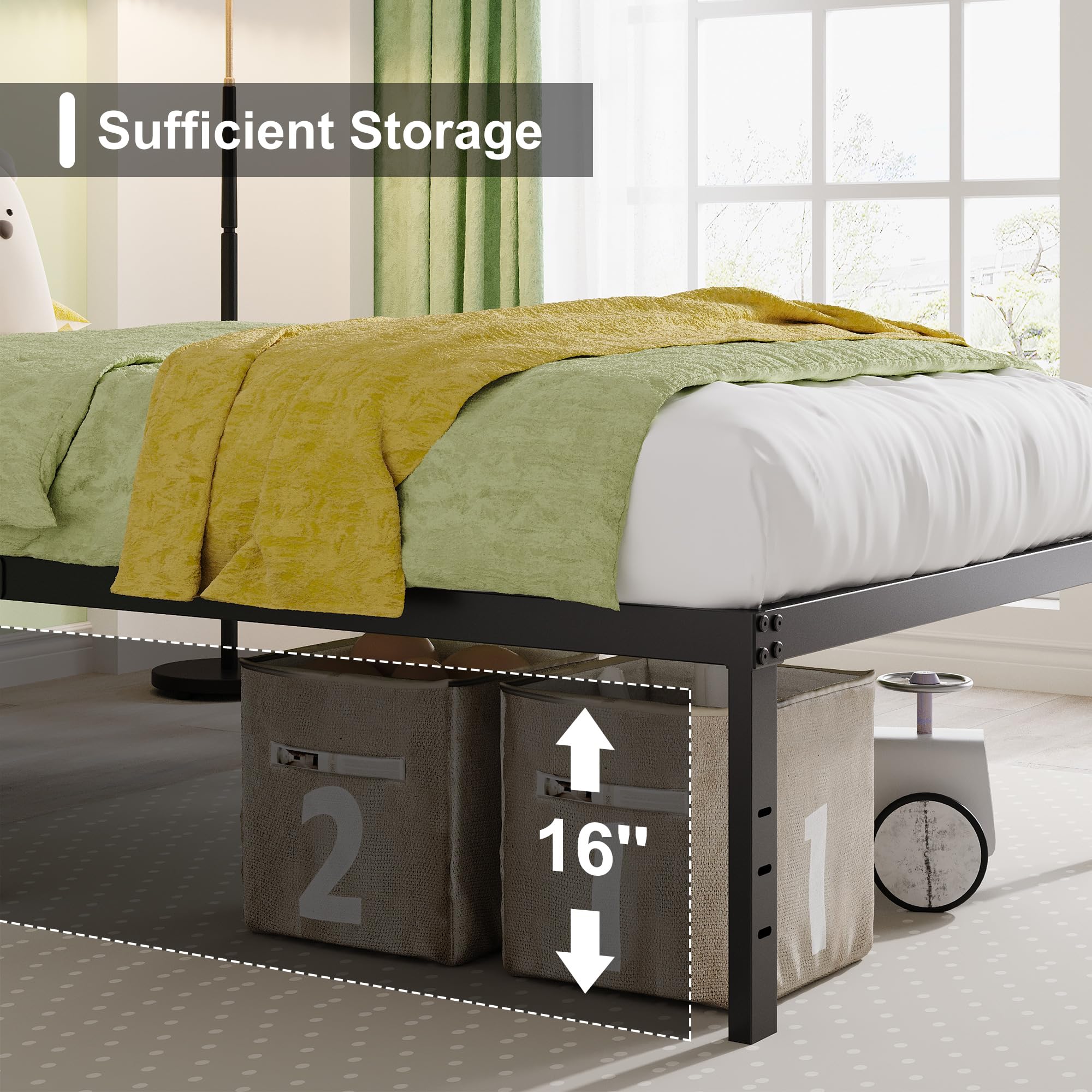 New EMODA Queen 18 Tall Heavy Duty Metal Platform Bed Frame with Storage No Box Spring Retail $105.00