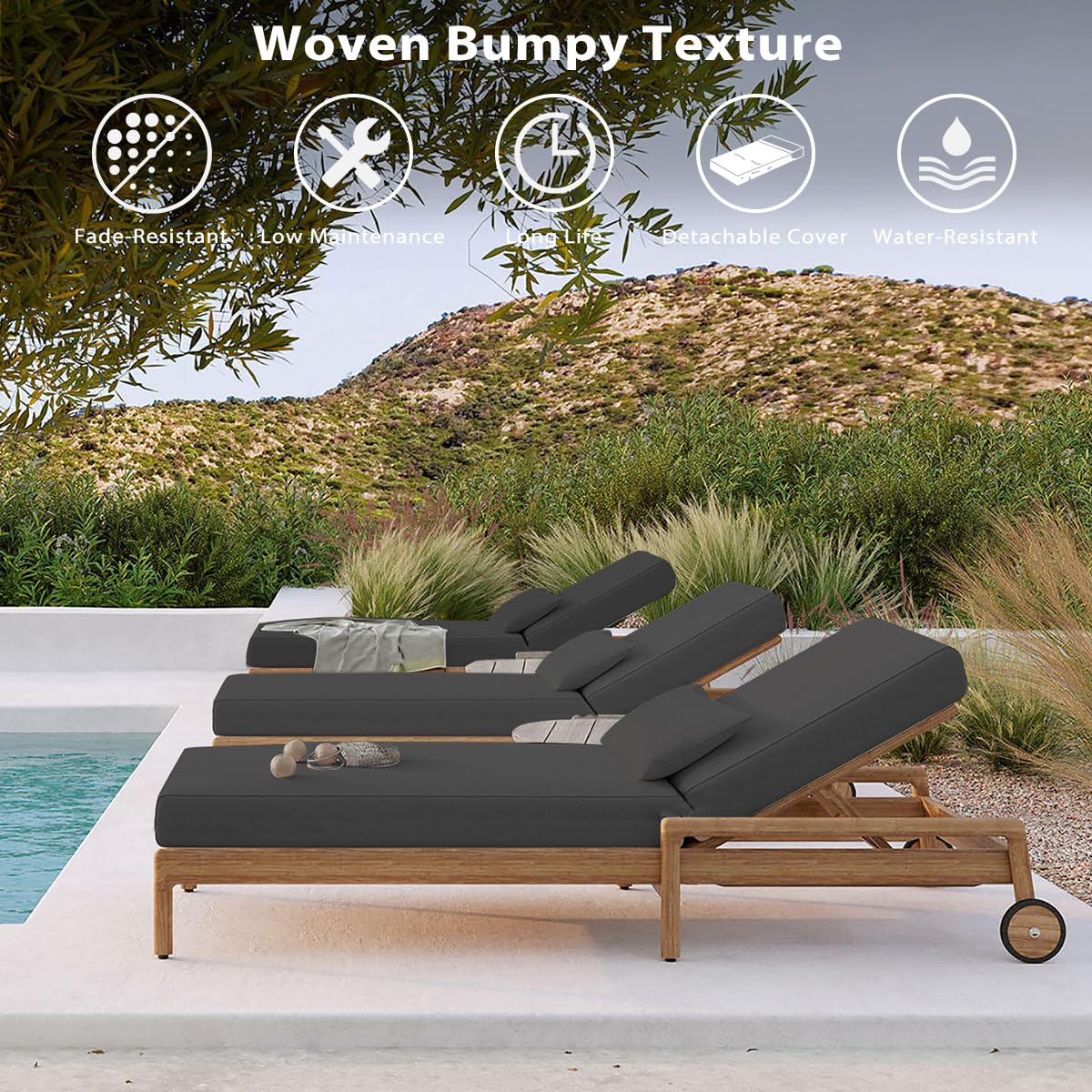 Olefin Chaise Lounge Cushion Water-Resistant Patio Lounger Pad Dark Gray 80 x 26 x 6 Inches
