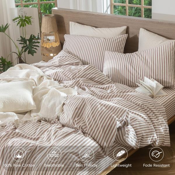 MooMee Striped Duvet Cover Set 100% Washed Cotton Linen Like Queen Retail $74.00