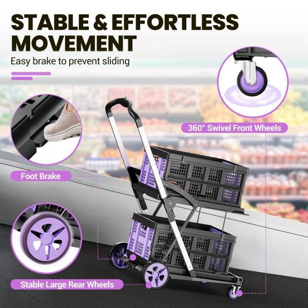 -in-1 200LBS Collapsible Utility Cart with 2 Storage Crates and Adjustable Handle - Purple