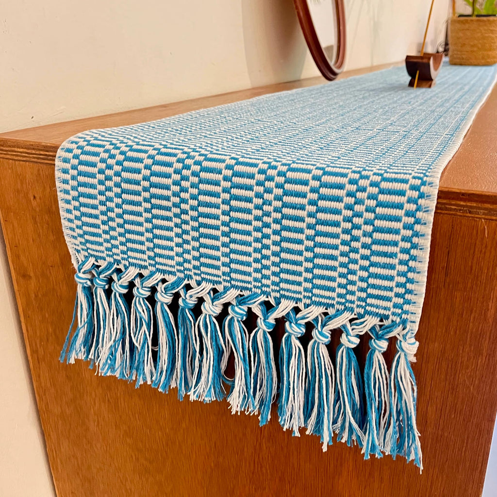 White Teal Blue Farmhouse Woven Table Runner 72 Inch Retail $29.00