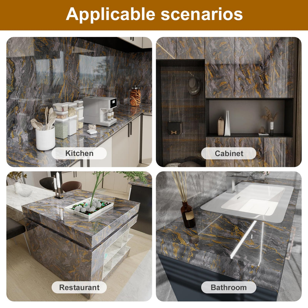 Grey and Gold Glossy Marble Peel and Stick Wallpaper 23.6 x 472.4 for Countertops $59.25