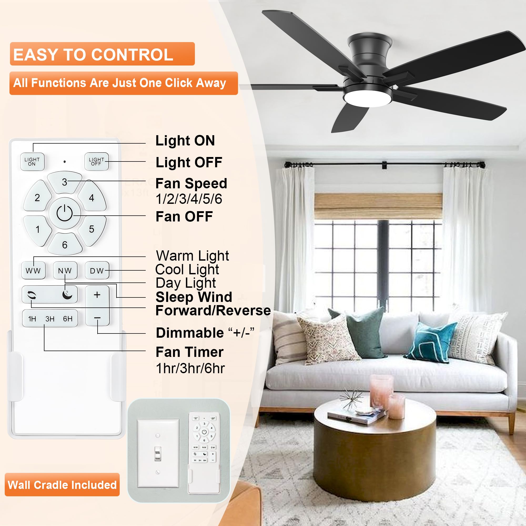 Black Low Profile DC Flush Mount Ceiling Fan with Dimmable 3CCT LED Light and 6-Speed Remote Control