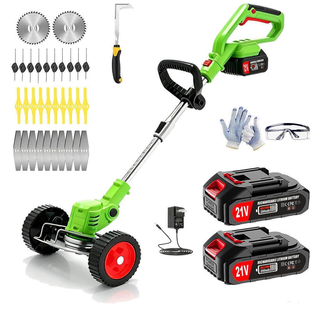 Electric Weed Wacker Cordless Eater,21V String Trimmer Battery Powered,4 In 1 Lightweight Grass Trimmer/Brush Cutter/Lawn Edger with Wheels,Metal Blade&Charger, Stringless Weed Trimmer for Garden Yard Retail $73.00