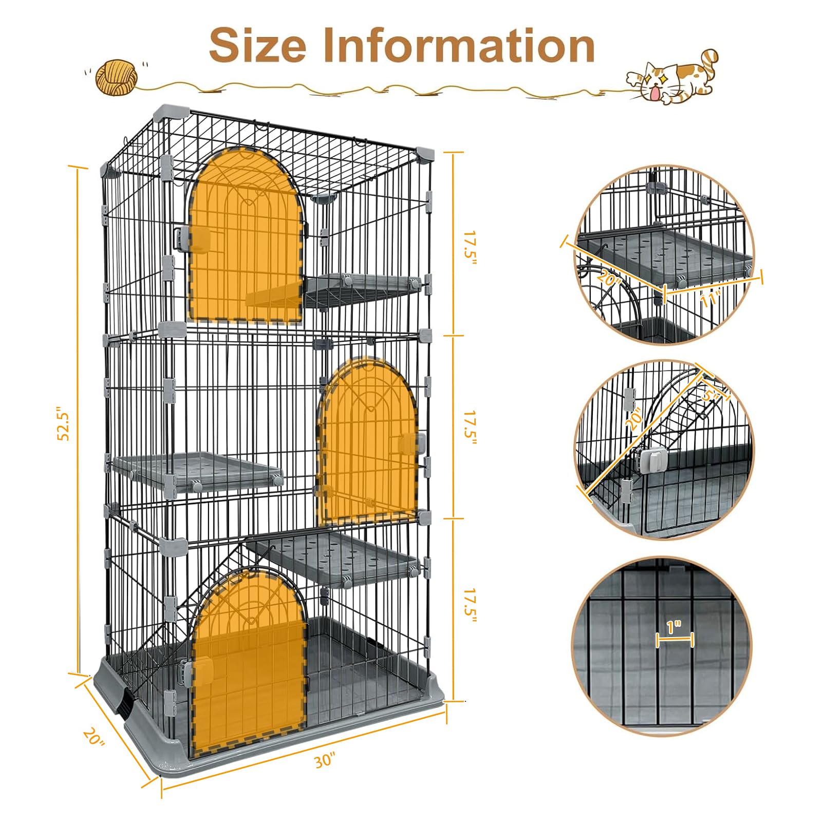 JaxSteam Cat Cage 3-Tier Indoor Cat Enclosure with Widen Bottom Buckle & Reinforced Locking Clamps DlY Cat Playpen for 2-3 Cats & Small Pets,30" Lx 20" W X 52.5" H (Grey, Three-Tier52.5") Retail $109.00