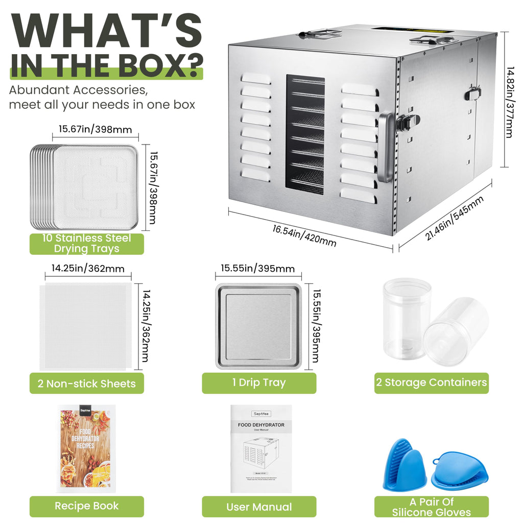 Commercial 10 Trays Food Dehydrator Machine for Jerky and Herbs Usable Area up to 24.65ft² and 194? Temperature 1000W Detachable Stainless Steel Dryer for Meat Fruit Mushrooms Beef Food Silvery Retail $228.00