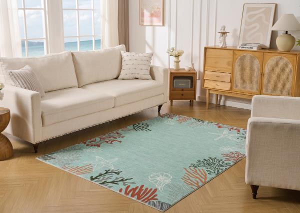 Coastal Coral Ocean Washable Area Rug 5 x 7 Aqua