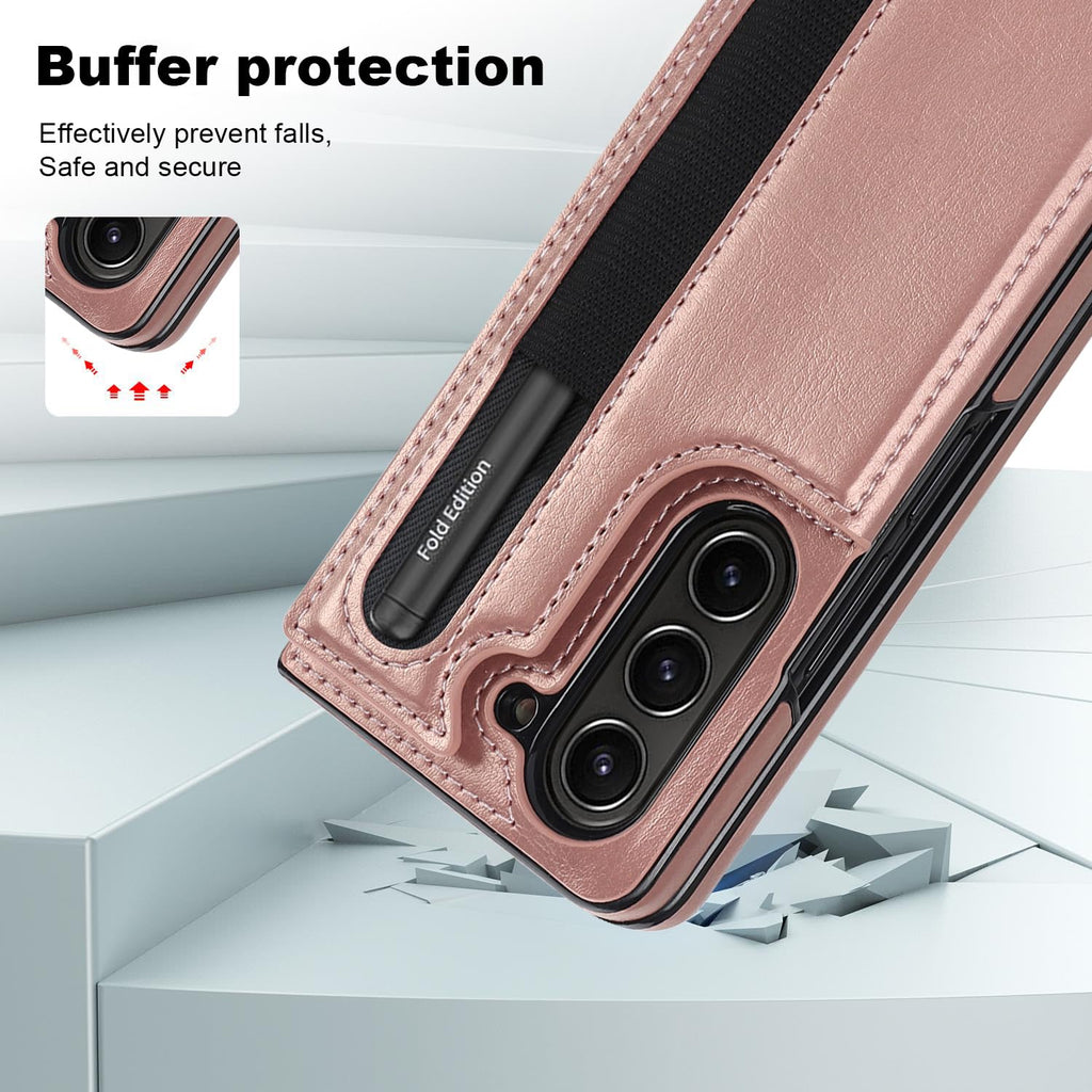 Samsung Galaxy Z Fold 5 Leather Wallet Case with Card  S-Pen Holder Kickstand - Rosegold
