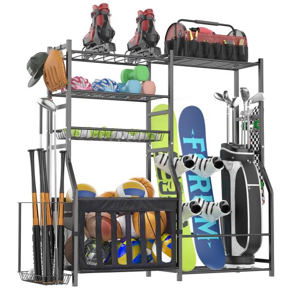 Heavy Duty Garage Sports Equipment Organizer with Golf Bag Storage Rack and Ball Holder