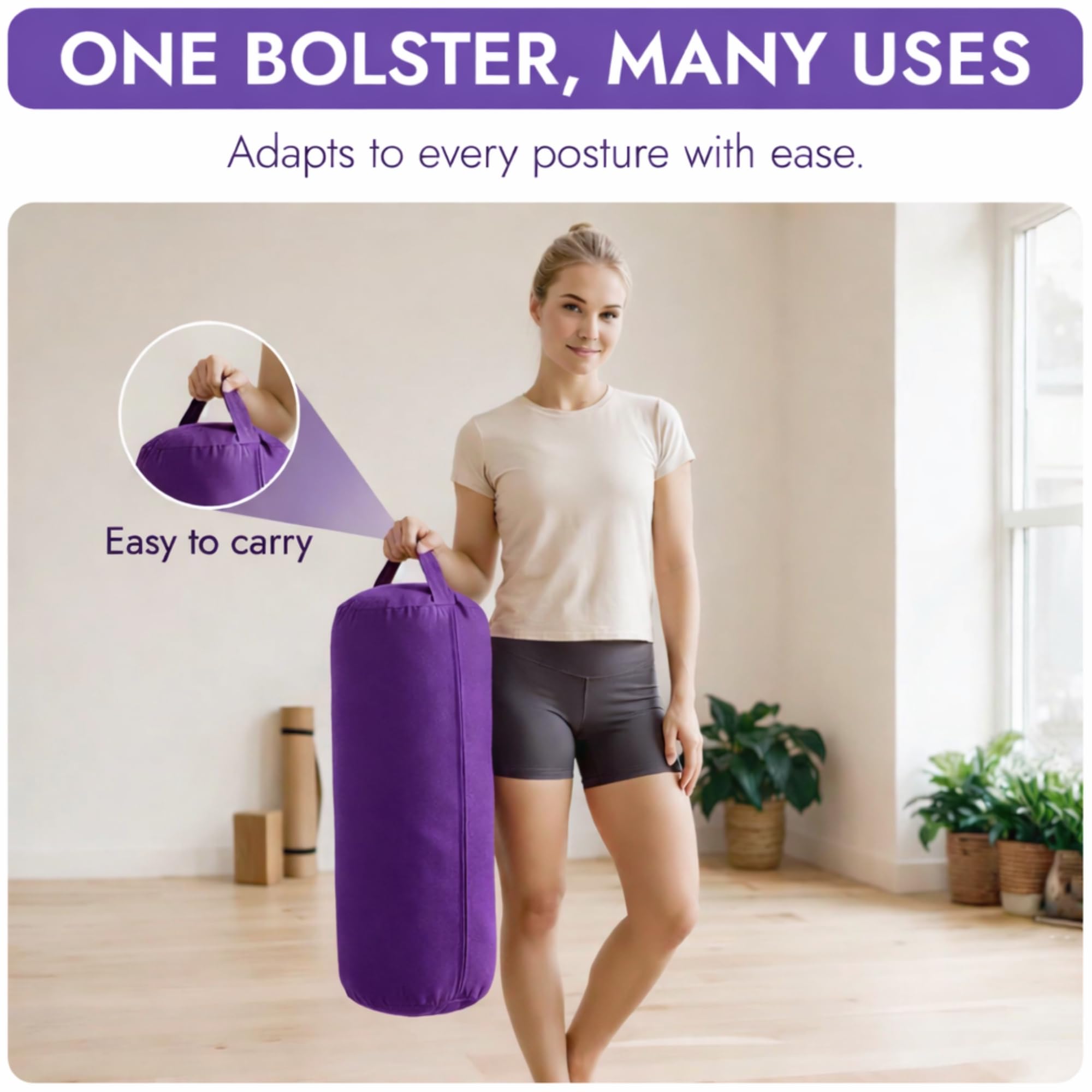 Purple Cylindrical Yoga Bolster with Washable Cotton Cover