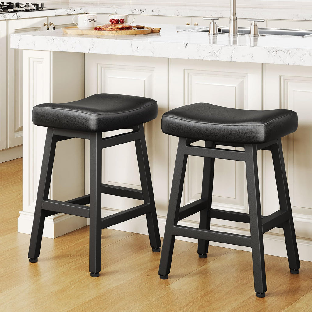 Set of 2 All Black 24 Inch Counter Height Bar Stools w Bonded Leather Saddle Seats