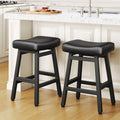 Set of 2 All Black 24 Inch Counter Height Bar Stools w Bonded Leather Saddle Seats