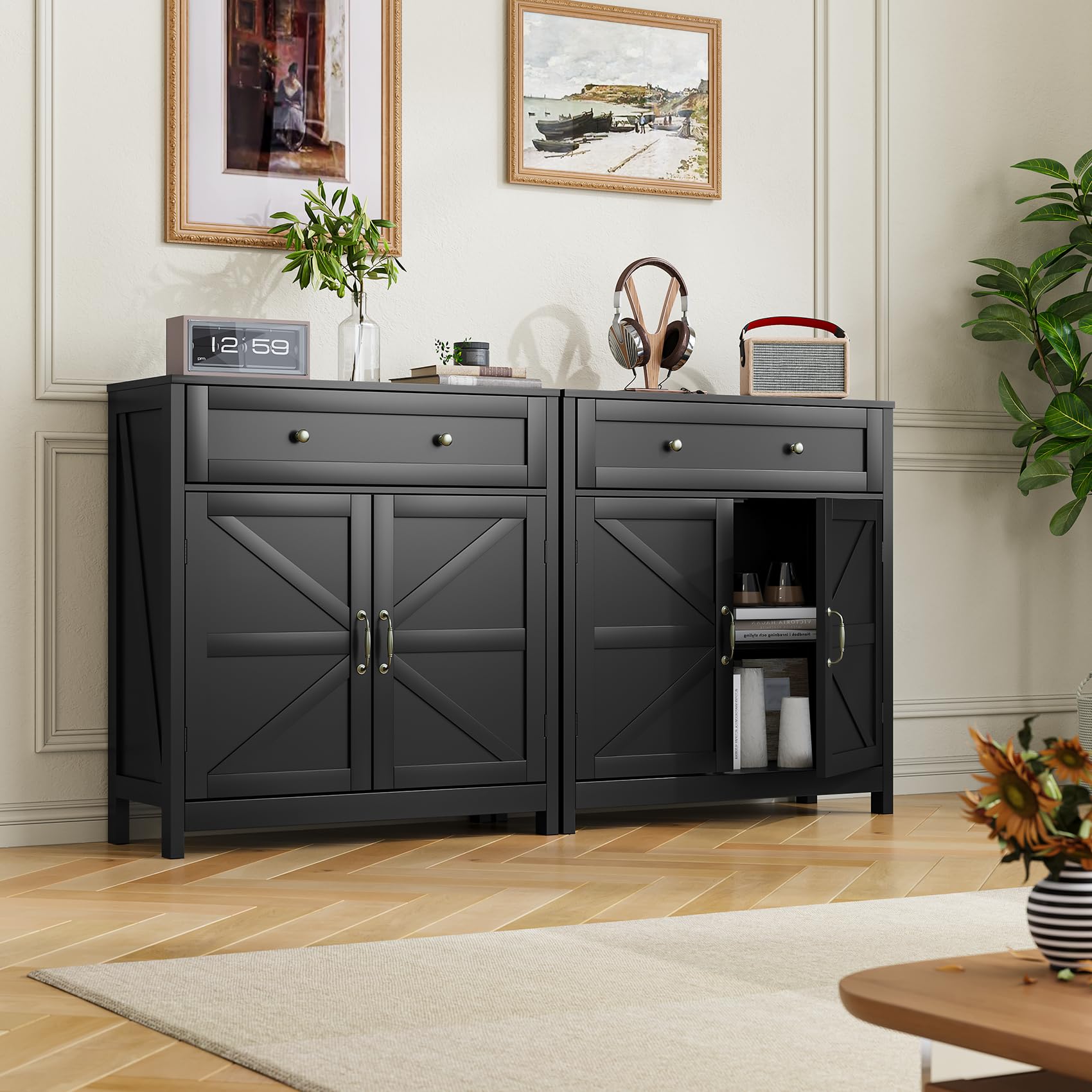Black Farmhouse Buffet Sideboard Storage Cabinet with 2 Barn Doors