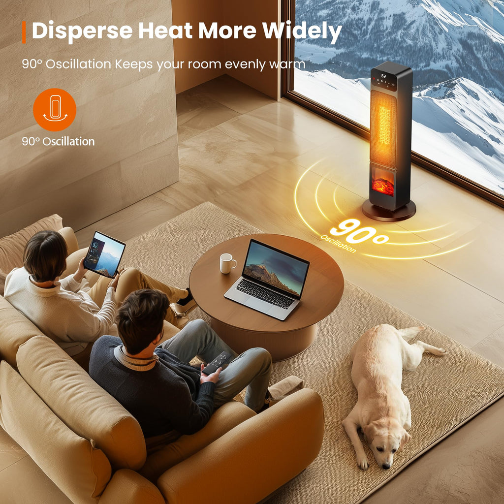 Tower Heater and Fan Combo, 1500W PTC Electric Fireplace Heater W/ 3D Flame, 90° Oscillation Space Heater Fan Combo for Indoor Use, Child Lock & Eco Mode, 12h Timer, Remote Control, Home & Office Retail $89.00