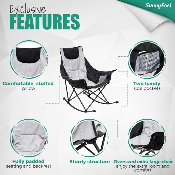 Oversized Rocking Camping Chair Fully Padded High Back Portable Lawn Recliner 500 LBS Capacity