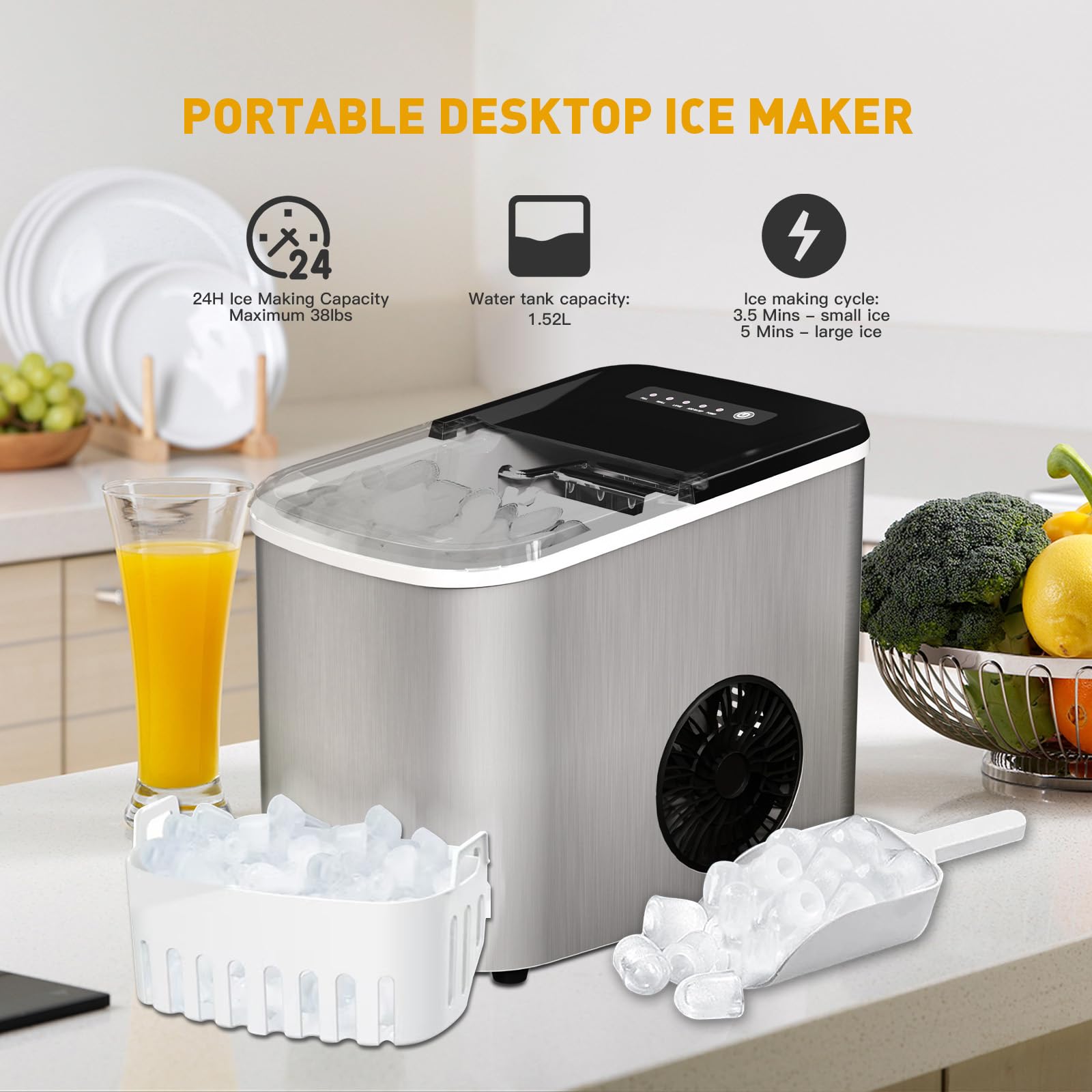 Silver Self-Cleaning Countertop Ice Maker 38 lbDay Production