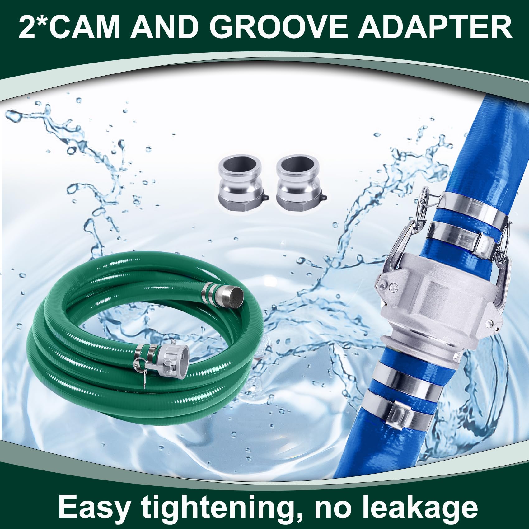 2 Inch Discharge Hose Pump Kit Includes 2" x 65' Blue PVC Lay-Flat Backwash Hose & 2" x 20' Green PVC Suction Hose & Steel Round Hole Suction Strainer & Cam and Groove Adapter, for water/trash pump Retail $125.00