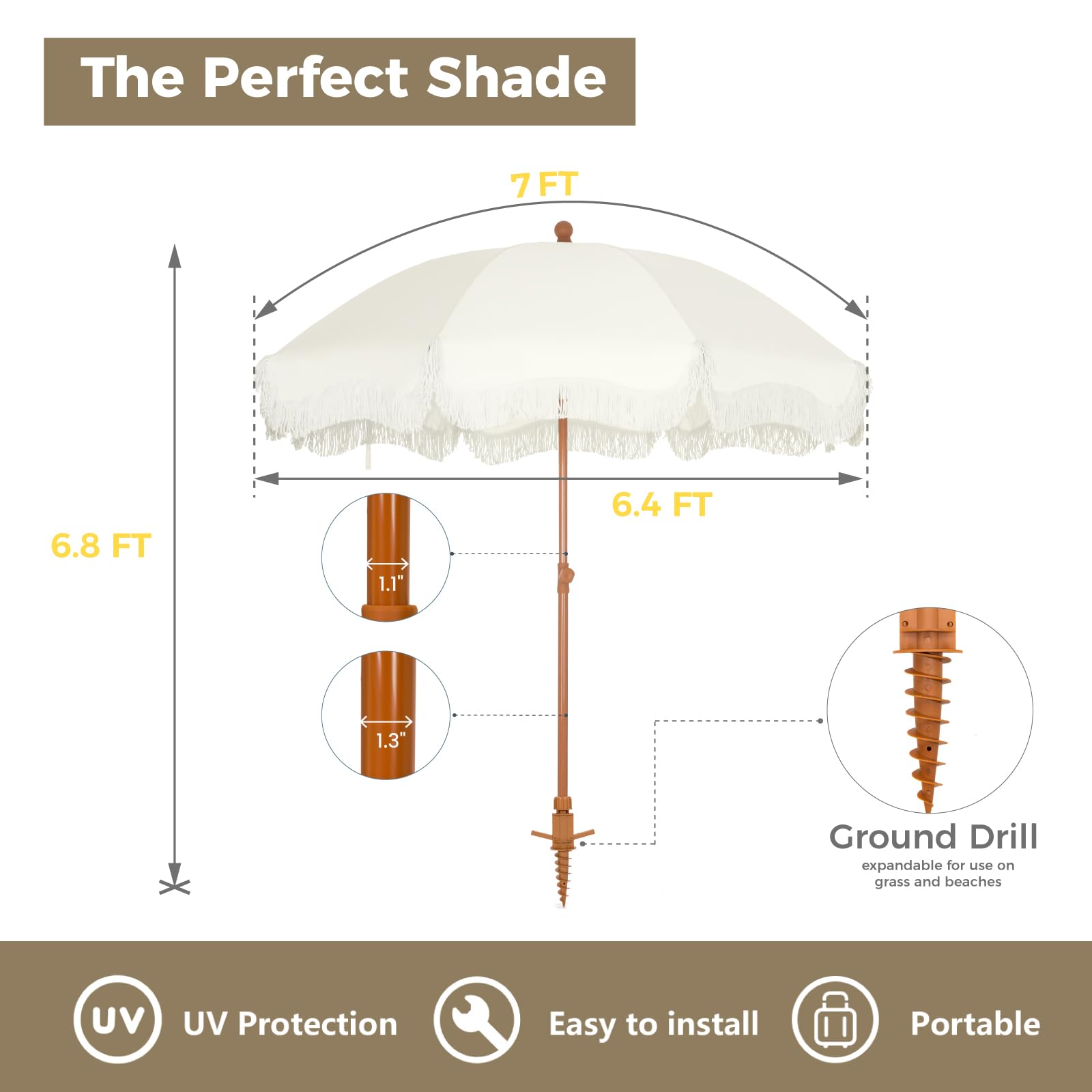 ft Portable Outdoor Patio Beach Umbrella with Fringe Sand Anchor Tilt UPF 50 White