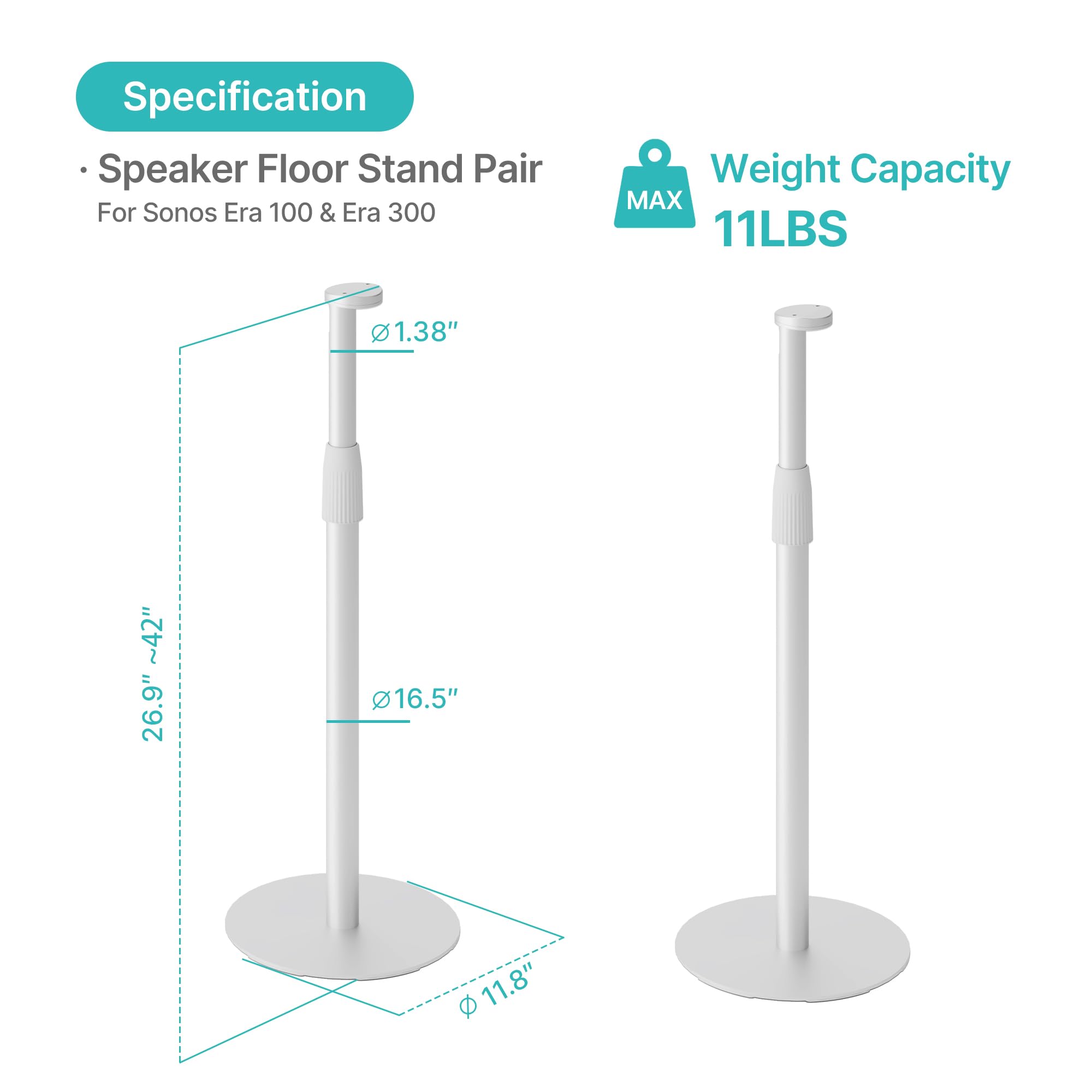 White Height-Adjustable Speaker Stands Pair for Sonos Era 100  300 Cable Management