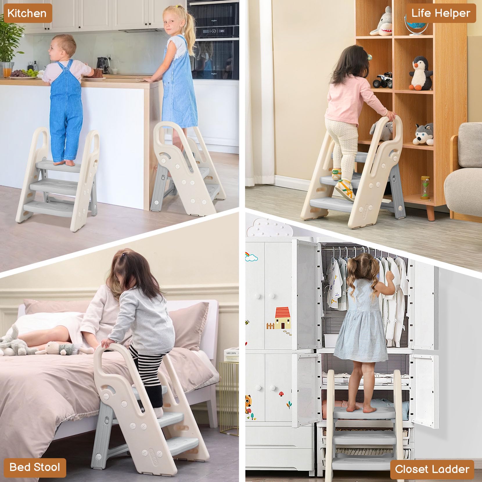 Adjustable Foldable 3-Step Kids Step Stool for Nursery Gray