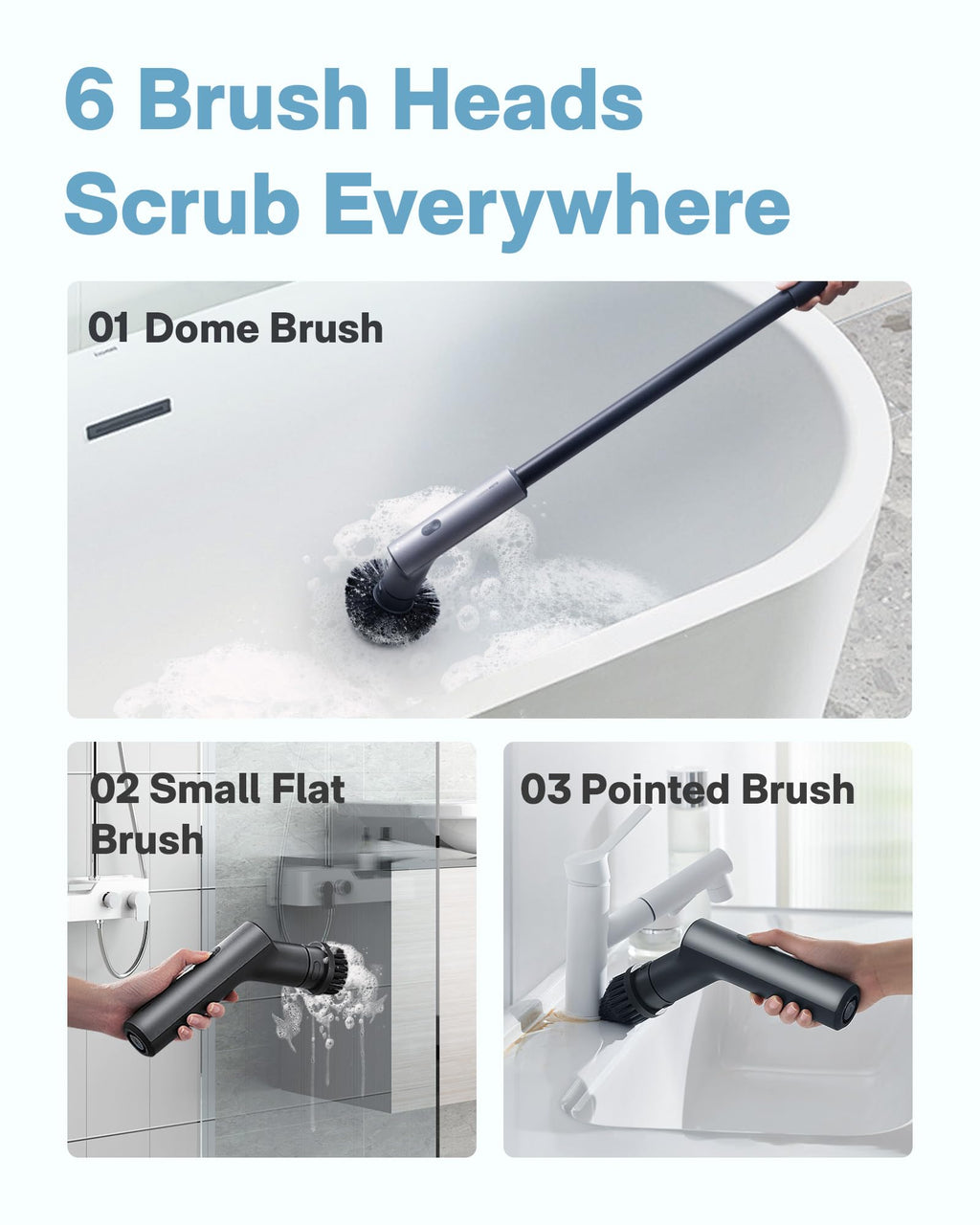 Cordless Electric Spin Scrubber IPX7 Waterproof Long Handle 6 Brush Heads Grey Black Retail $129.00