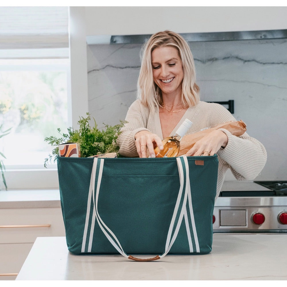 Collapsible Teal Green Striped Market Tote Bag Retail $25.00