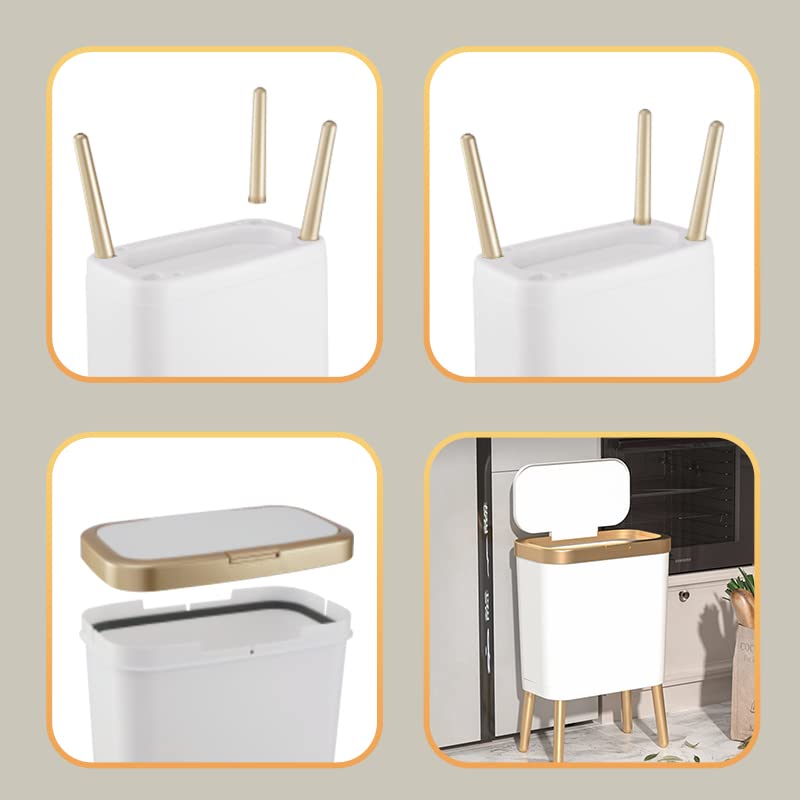 Procade 2Pack White Trash Can with Lid, Bathroom Trash Can with Gold Edge, Narrow Modern Garbage Can for Bedroom, Slim Plastic Trash Bin for Room,Kitchen, Living Room, Office,4 Gallon Retail $56.00