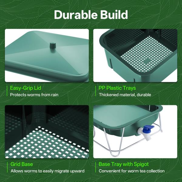 4-Tray 15L Worm Compost Bin for Kitchen Food Waste Green