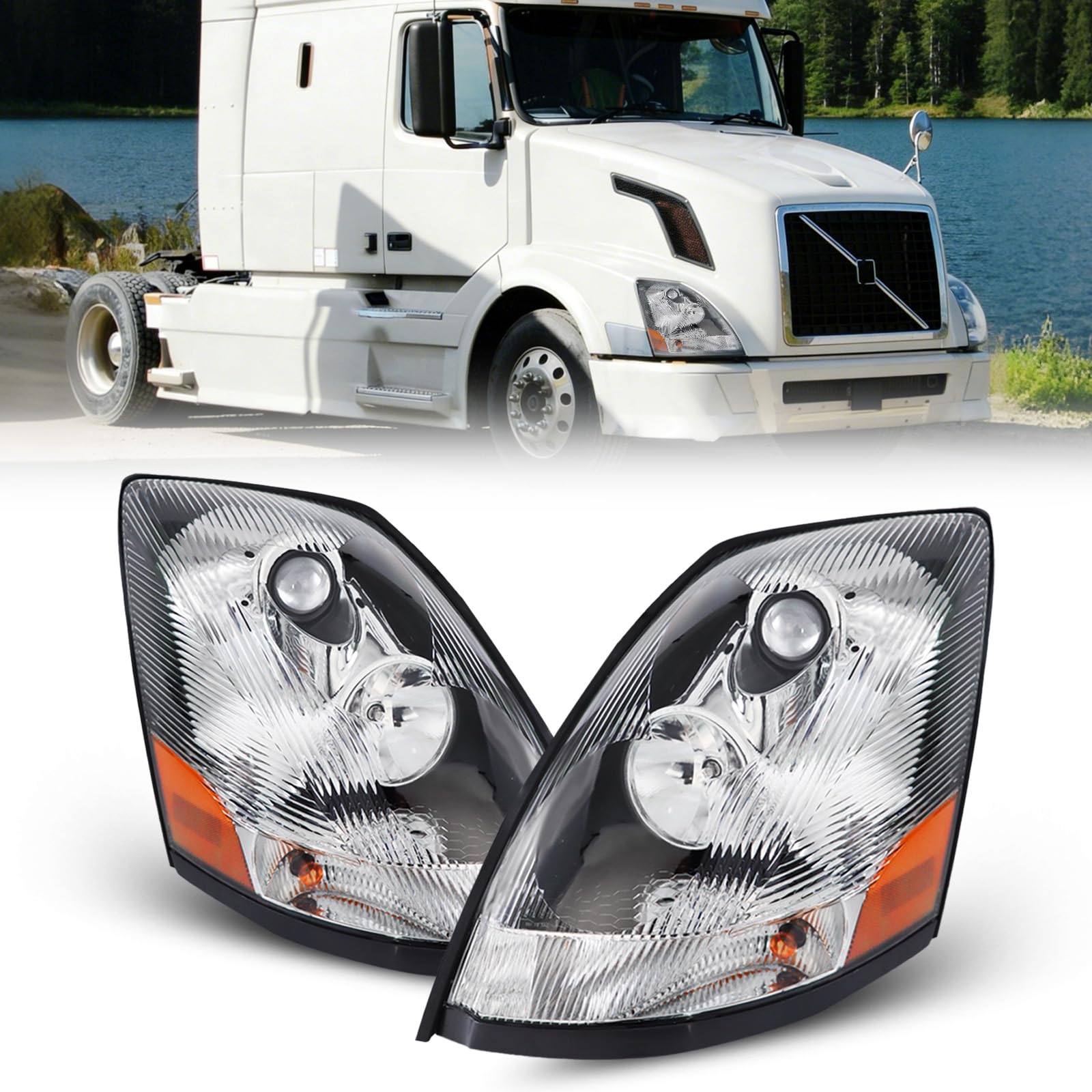 White Headlight Pair Assembly Compatible with 2004-2017 VOLVO VNL Semi Trucks Halogen Bulbs