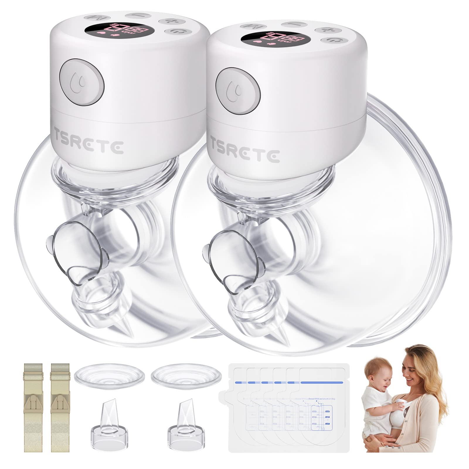 TSRETE Breast Pump, Double Wearable Breast Pump, Electric Hands-Free Breast Pumps with 2 Modes, 9 Levels, LCD Display, Memory Function Rechargeable Double Milk Extractor-24mm Flange, White Retail $62.00