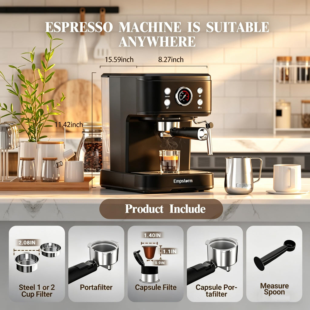 Black 20 Bar Semi-Automatic Espresso Machine with Milk Frother  Nespresso Capsule Brewer