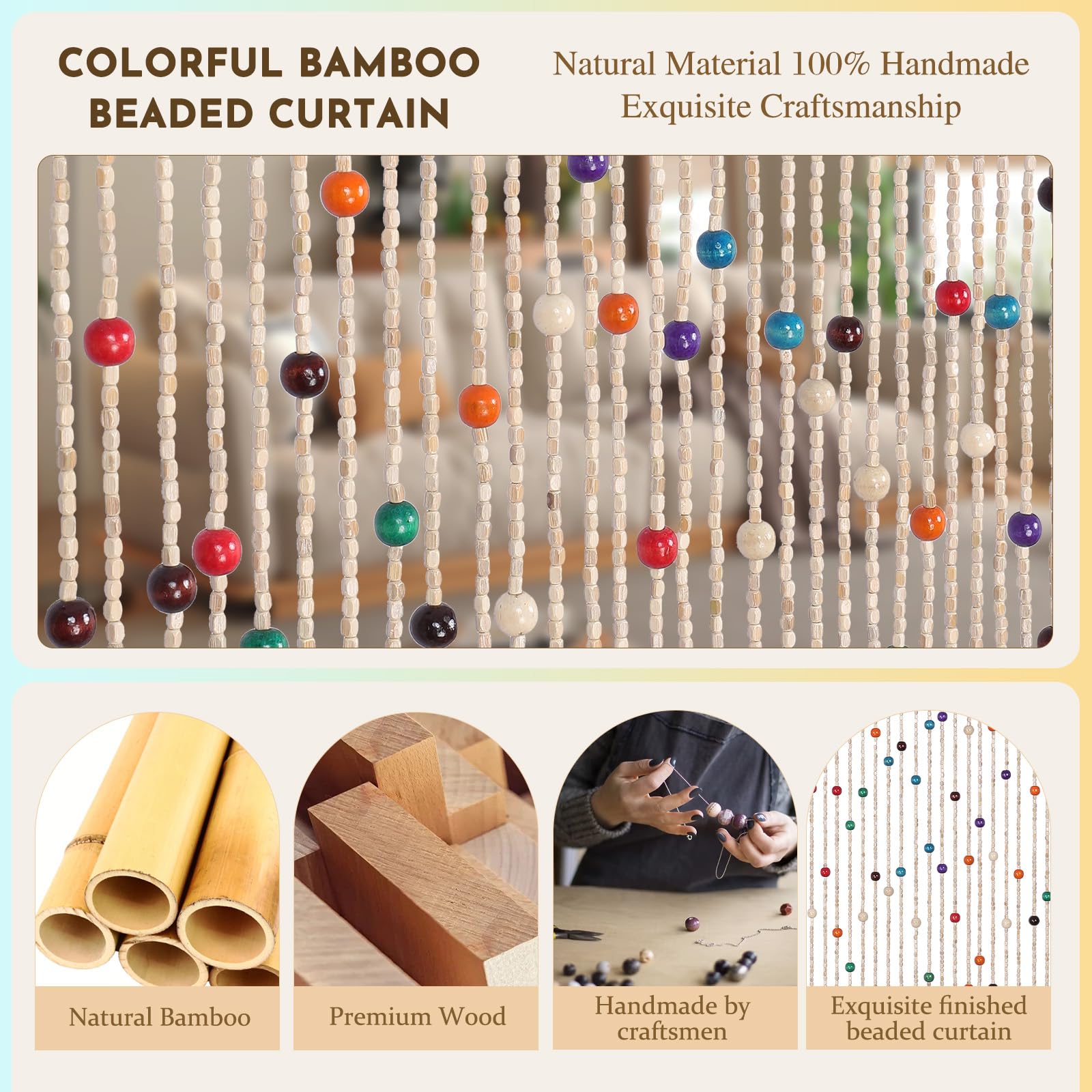 Colorful Bamboo Wood Beaded Curtain 35.5x75 Inch 38 Strands