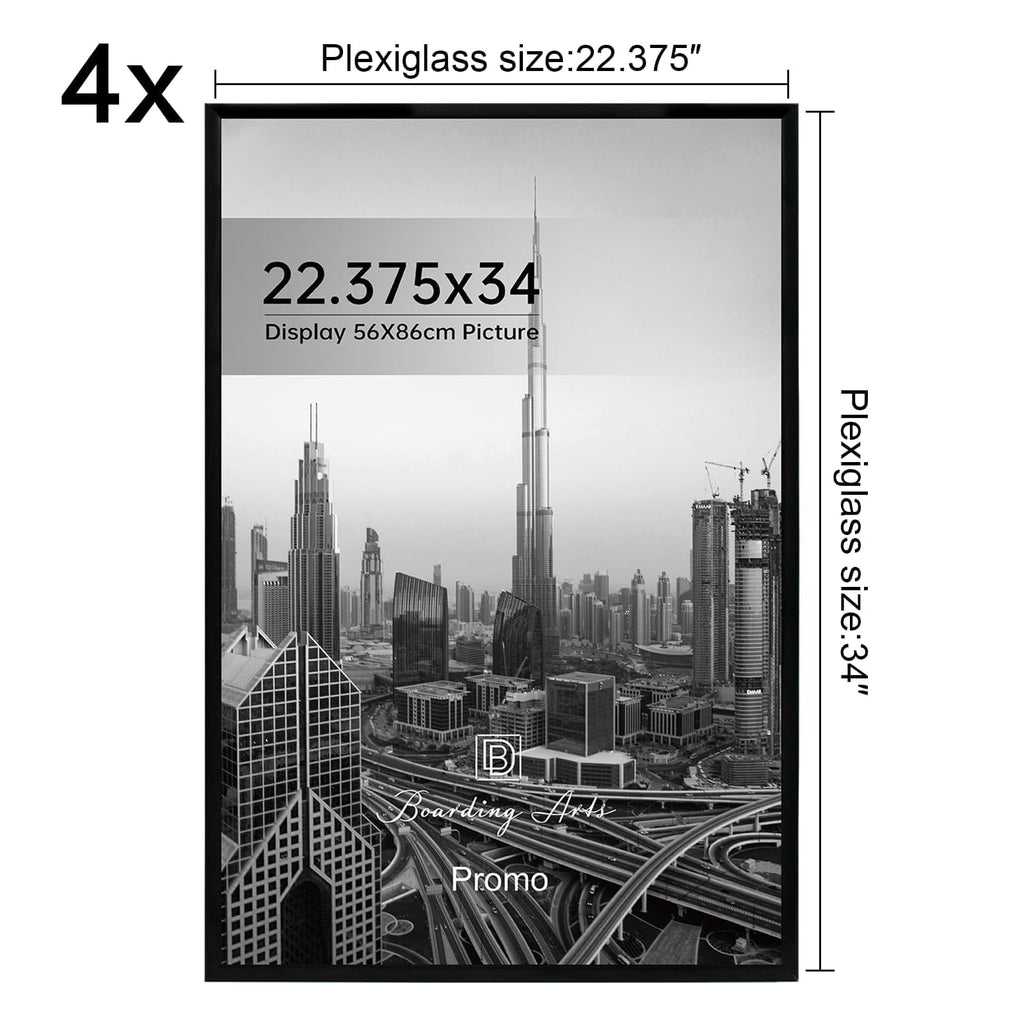 Boarding 22.375X34 Poster Frame 4 Pack, Scratch-Proof Picture Frames for Wall Gallery, Slide-In Strips,Photo Frame 22.375 by 34 for Horizontal or Vertical Wall Display, Black Retail $55.00