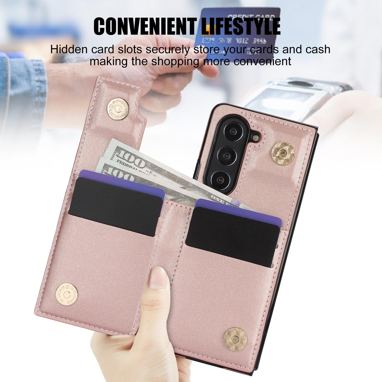 Samsung Galaxy Z Fold 6 Leather Wallet Case w Ring Card Holder Kickstand - Rosegold