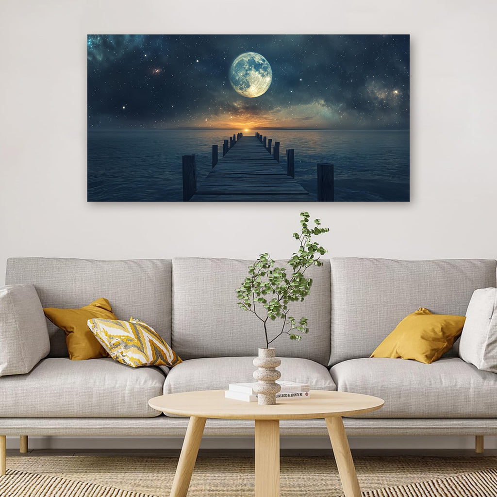 Canvas Wall Art Modern Landscape Coastal Blue Star Moon Decor 20 x 40 $43.50