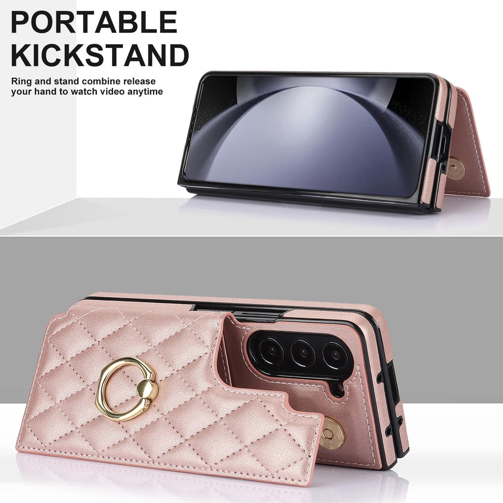Samsung Galaxy Z Fold 6 Leather Wallet Case w Ring Card Holder Kickstand - Rosegold