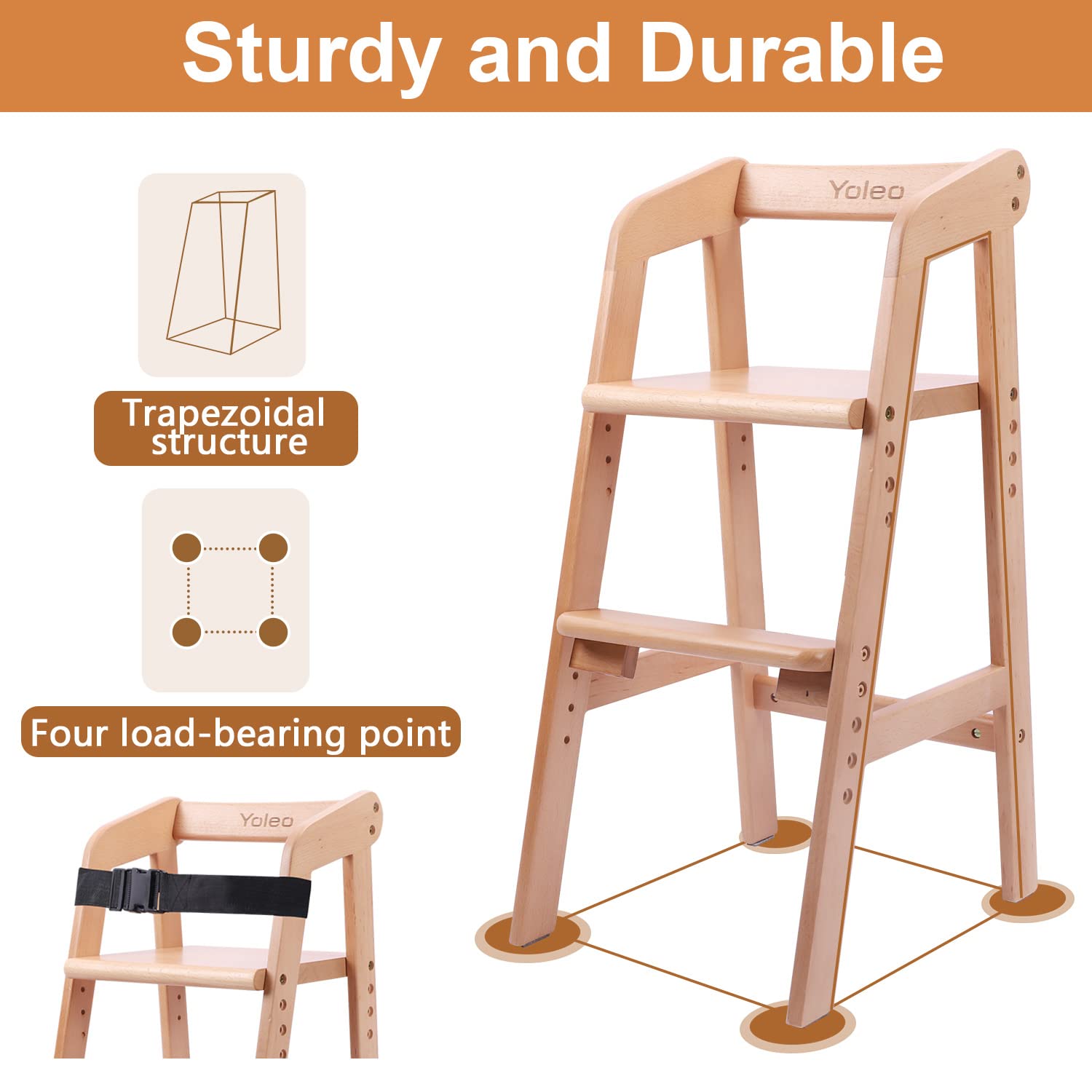 YOLEO High Chair Wooden for Toddlers Junior Childs, Sturdy Durable Dining Feeding Chair with Steps Grows with Child, Max 60kg (Natural Color) Retail $79.00