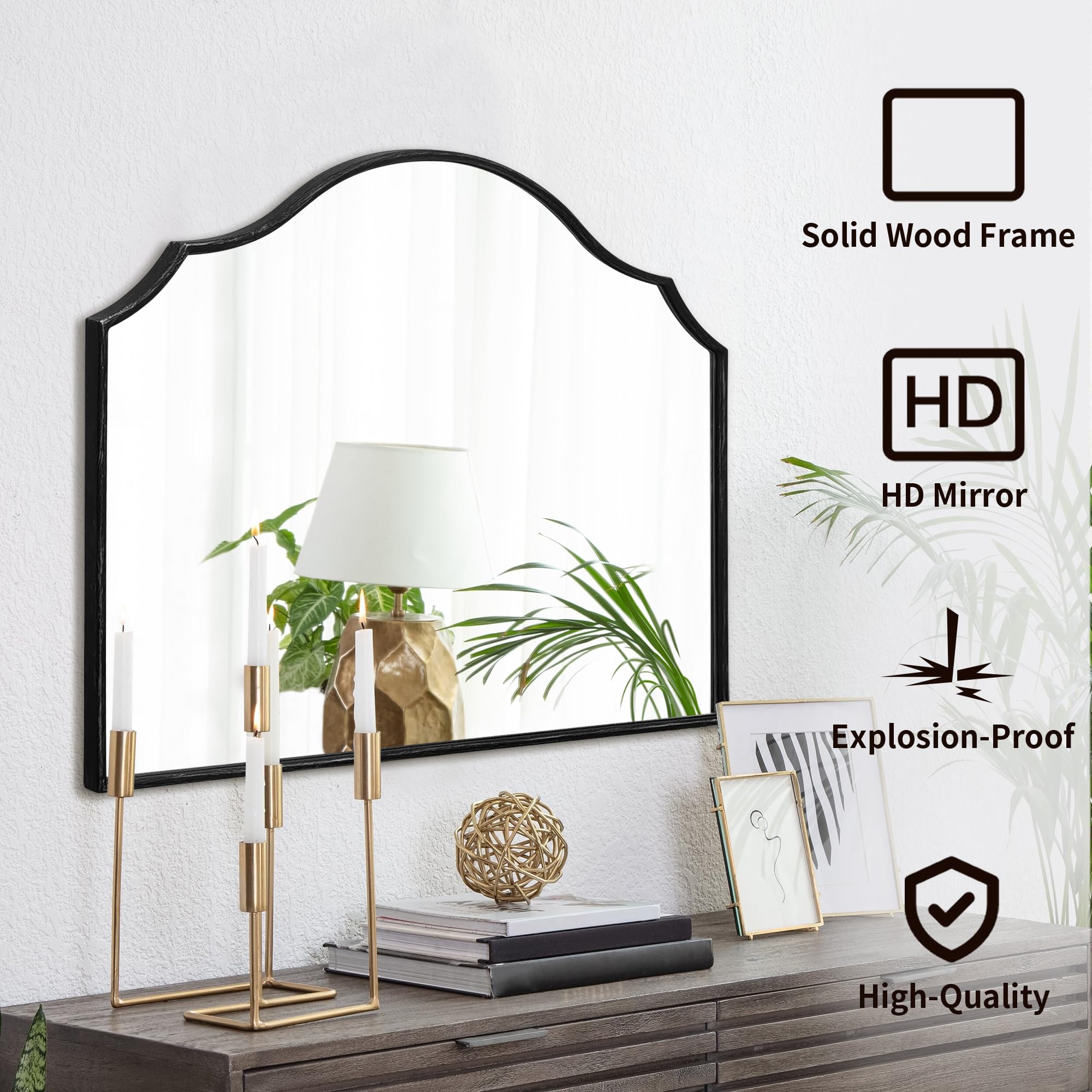 Besdomus Scalloped Arched Mirror for Vanity: 32"x24" Black Modern Wooden Wall Mirror - Minimalist Mantel Mirrors for Bedroom/Entryway/Bathroom/Hallway - Home Decor for Small Apartment