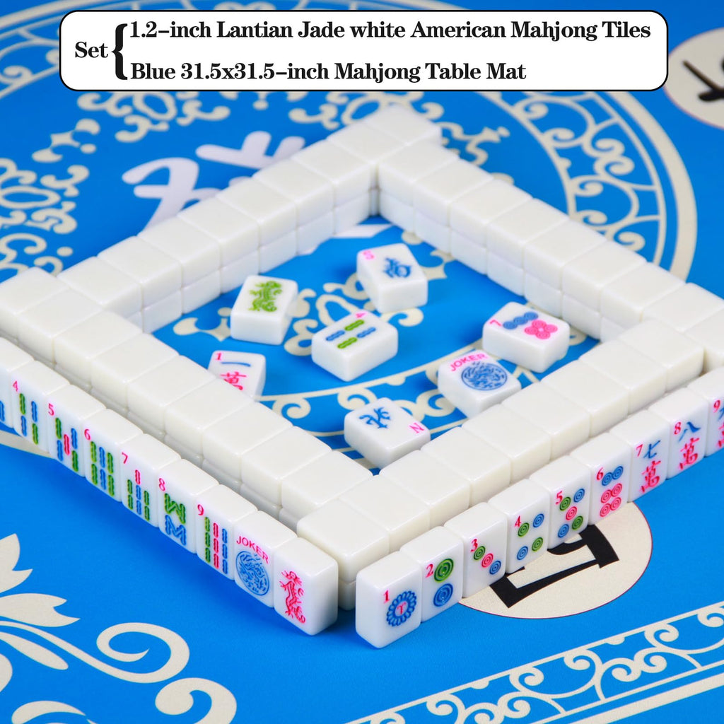 American Mahjong Set with 166 1.2-inch Lantian Jade White Tiles  Mat