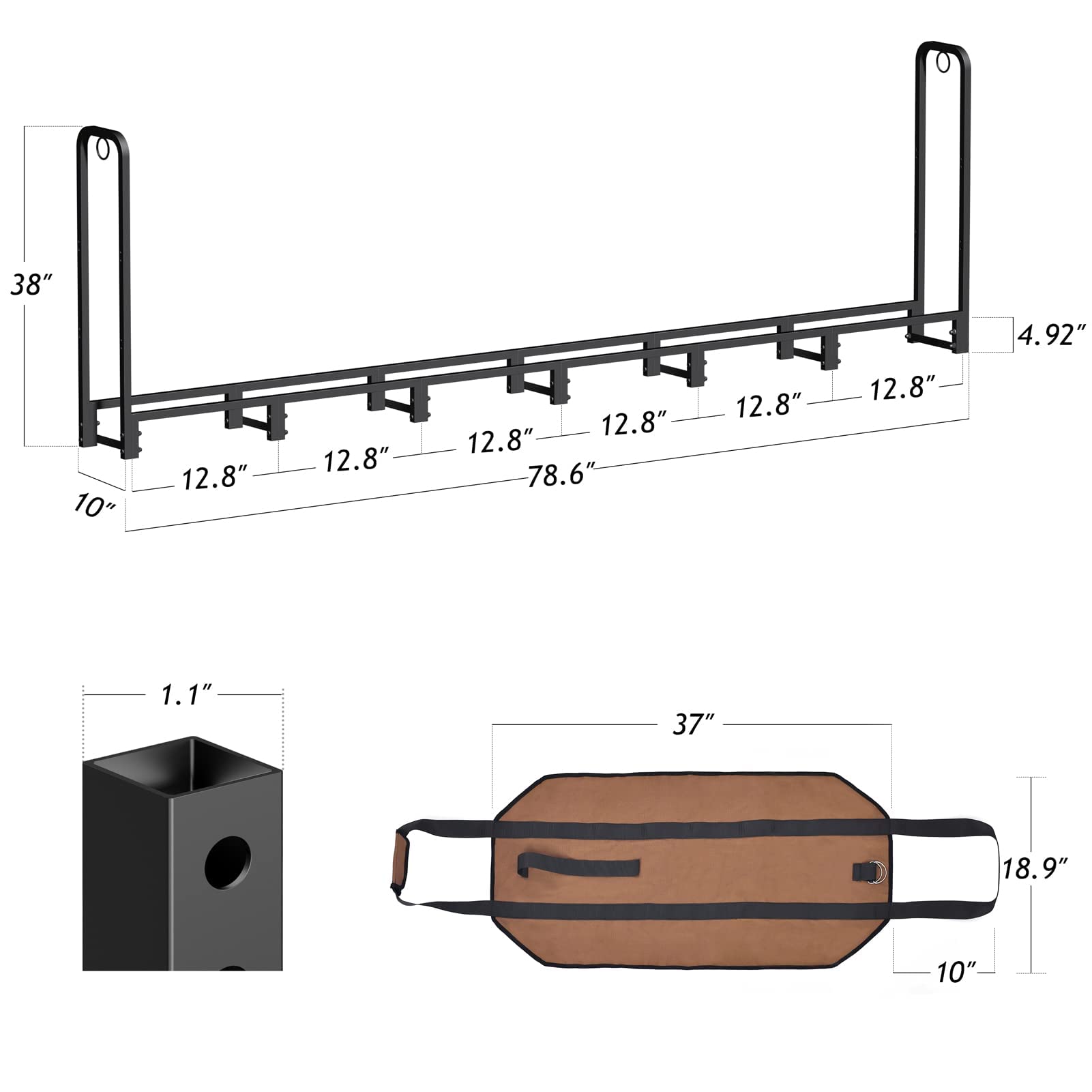 Outdoor Firewood Log Rack 80in Heavy Duty Black