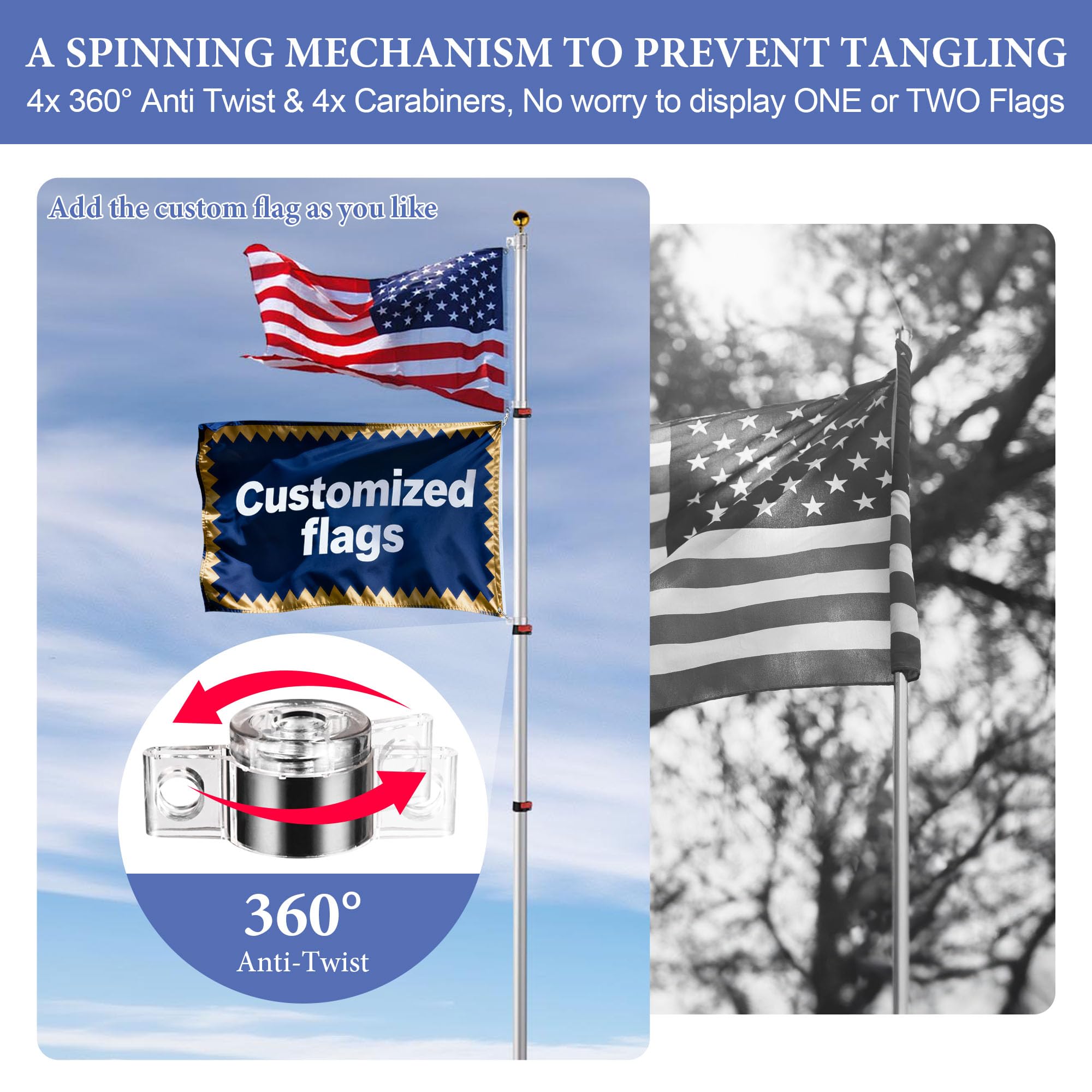 Yeshom 20ft Telescopic Flag Pole Kit with 3'x5' US American Flag & Ball Top Sleeve Set Aluminum Telescoping Flagpole Fly 2 Flags for Outdoor Tailgate Camper RV Tire Mount Inground Outside House Retail $99.00